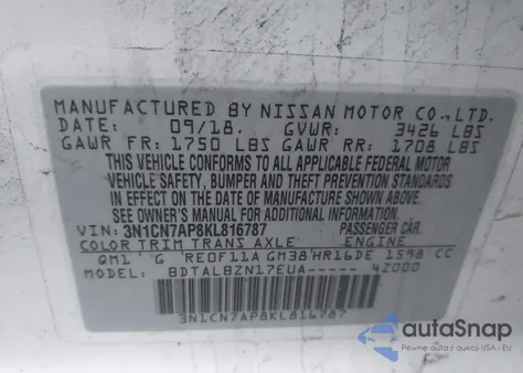 2019 Nissan Versa 1.6 Sv z USA, uszkodzony, nr VIN 3N1CN7AP8KL816787